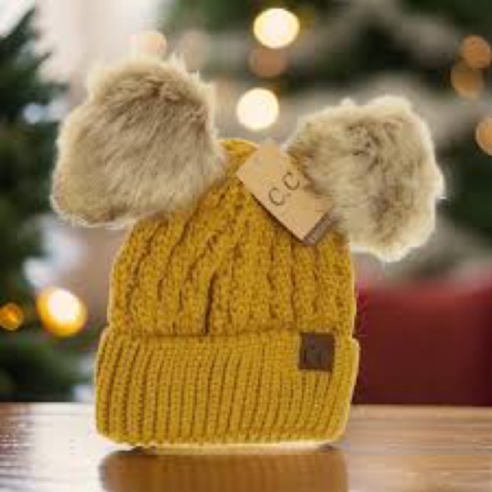 CC Beanie Mustard Knit Hat with Faux Fur Pom Poms
